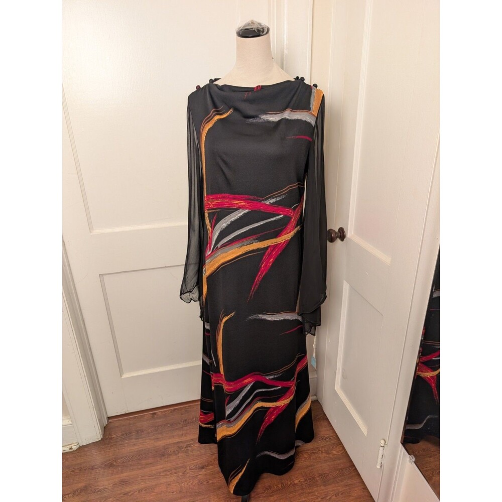 NWT* VTG 70s Maxi Dress-Black w/ Colorful Brush Strokes-Sheer Bell Sleeves-L/XL